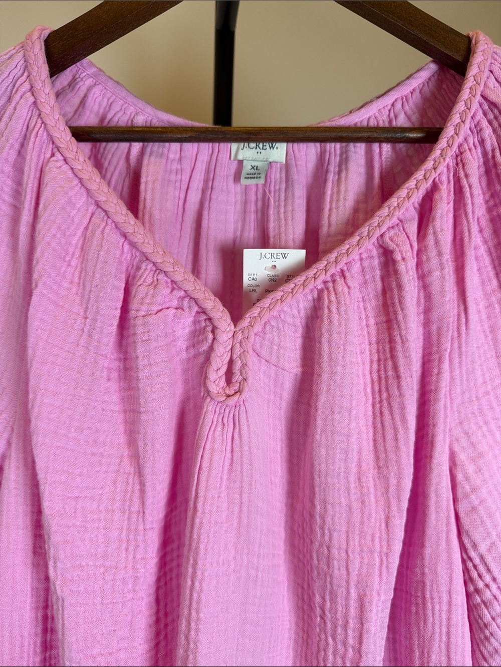 J. Crew Factory Pink Cotton Gauze Puff Sleeve Braided Neck Top | Size XL - Picture 2 of 8